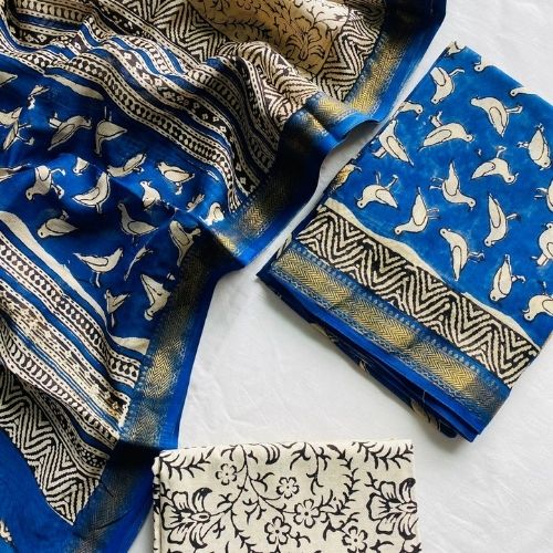 Blue Maheshwari Silk Suit – Elegant Unstitched Dress Material