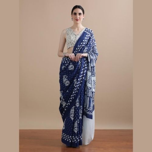 Blue Mulmul Cotton Saree – Pure Handloom Cotton Saree for Women
