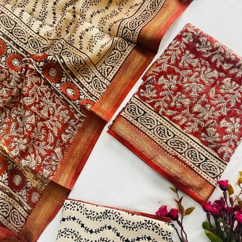 Elegant Beige & Maroon Maheshwari Silk Unstitched Salwar Suit