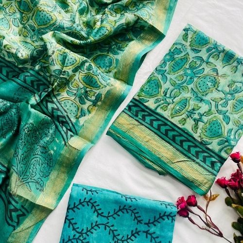 Green Maheshwari Silk Unstitched Salwar Suit for Women