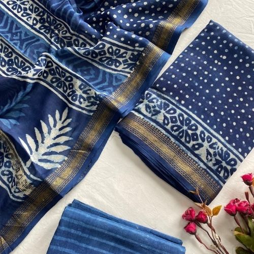 Navy Blue Maheshwari Silk Unstitched Salwar Suit with Dupatta