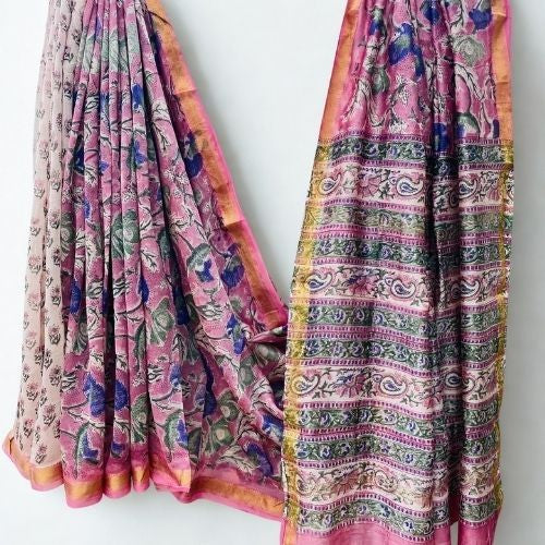 Pink Maheshwari Silk Saree with Intricate Handwoven Floral Design