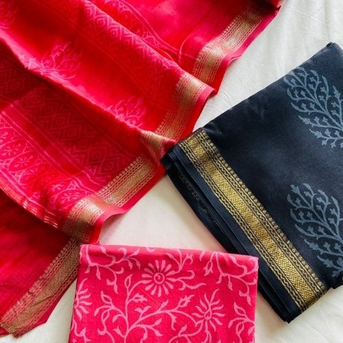 Elegant Red & Black Maheshwari Silk Unstitched Salwar Suit