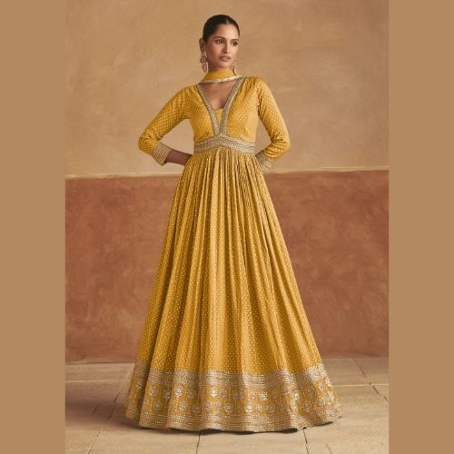 Mustard Yellow Anarkali Gown with Dupatta – Party Wear Elegance