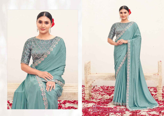Serene Teal Pure Crepe Silk Saree with Silver Embellished Border