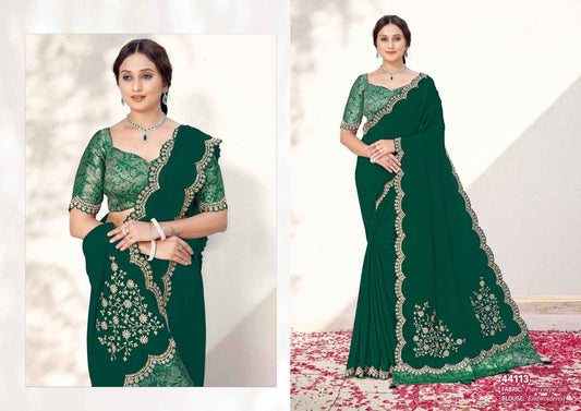 Emerald Green Embroidered Pure Crepe Silk Saree with Embellished Border & Blouse