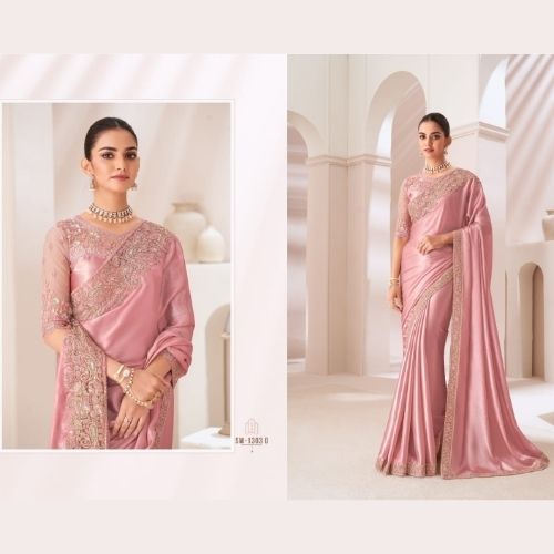 Pastel Pink Designer Satin Saree with Embroidery & Satin Silk Blouse