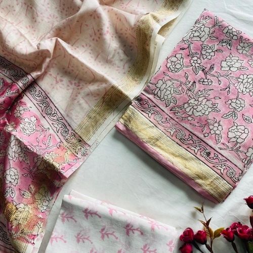 Pink & White Maheshwari Silk Unstitched Salwar Suit
