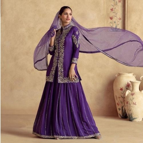 Elegant Purple Chinon Silk Sharara Suit with Embroidered Dupatta