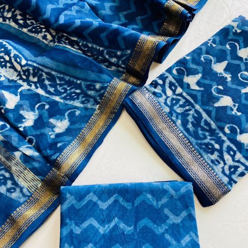 Royal Blue Maheshwari Silk Unstitched Silk Salwar Suit with Dupatta