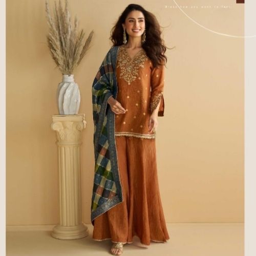 Rust Brown Designer Chinon Silk Sharara Suit with Dupatta