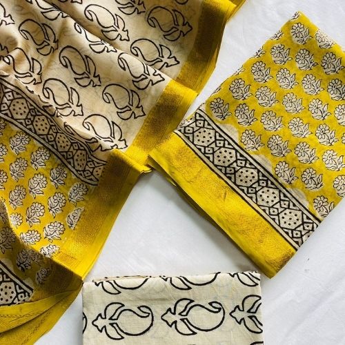 Yellow & Beige Maheshwari Silk Suit – Unstitched Dress Material for Women