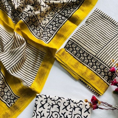 Yellow & Cream Maheshwari Silk Unstitched Salwar Suit