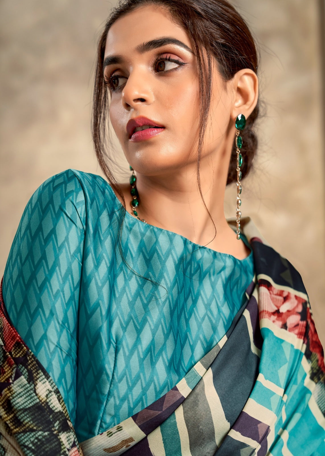 Turquoise Blue Designer Crepe Silk Saree