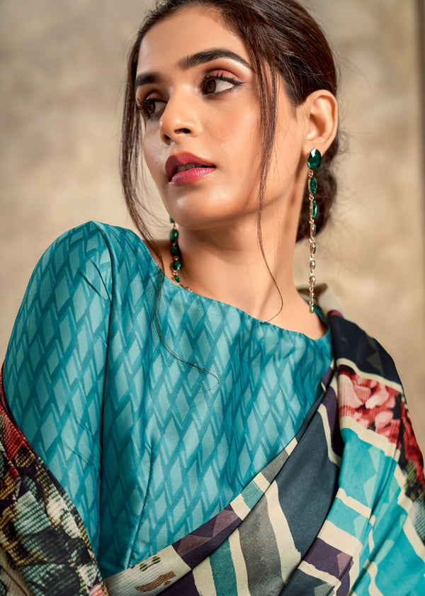Turquoise Blue Designer Crepe Silk Saree