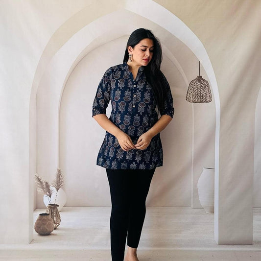 Navy Blue Hand Block Printed Cotton Short Kurti for Women