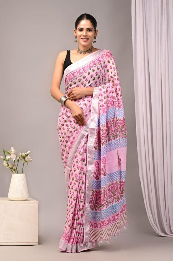 Baby Pink Floral Printed Linen Saree
