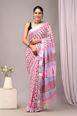 Baby Pink Floral Printed Linen Saree