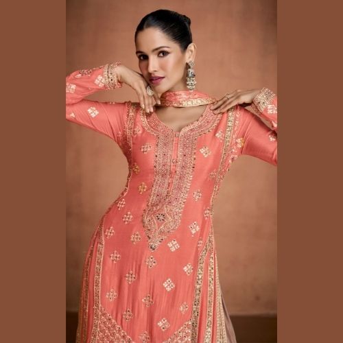 Peach Real Chinon Sharara Suit with Dupatta & Hand Embroidery