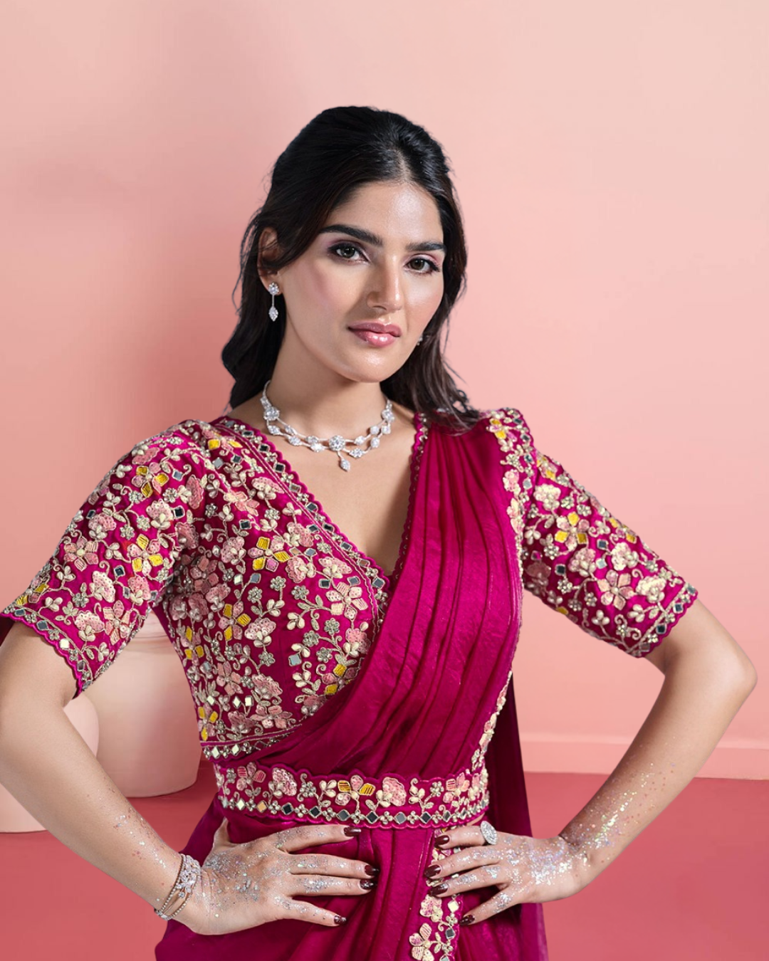 Maroon Ready-to-Wear Satin Silk Saree with Embroidered Blouse & Belt