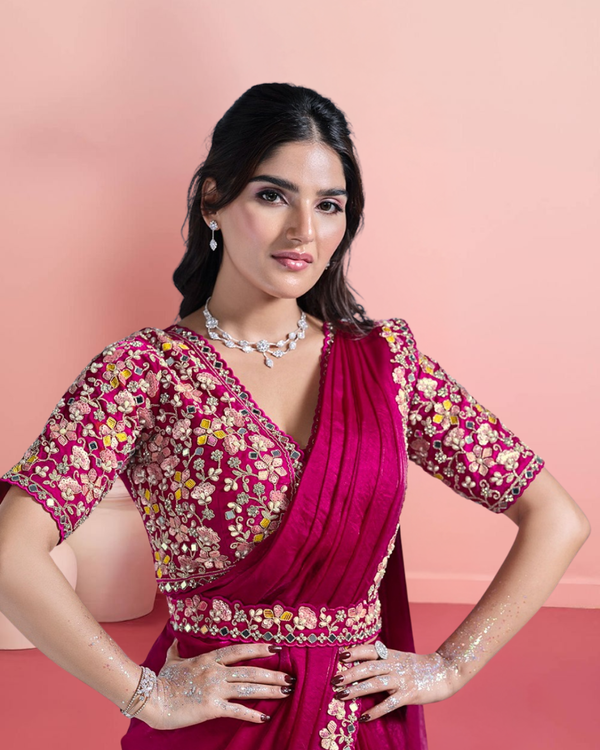 Maroon Ready-to-Wear Satin Silk Saree with Embroidered Blouse & Belt