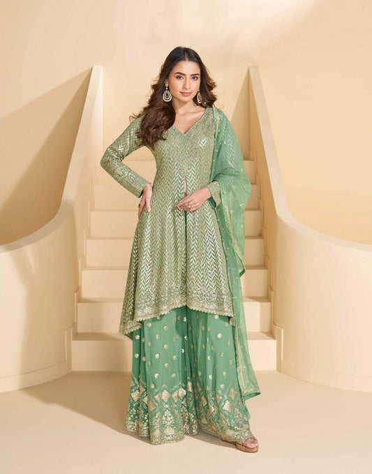 Mint Green Embroidered Georgette Palazzo Set with Swarovski Work
