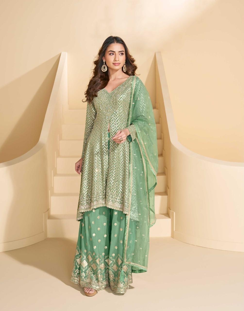 Mint Green Embroidered Georgette Palazzo Set with Swarovski Work