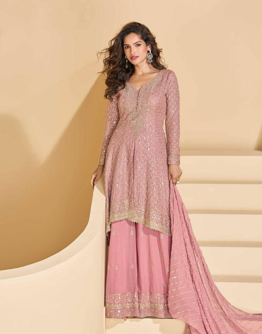 Rose Pink Georgette Embroidered Palazzo Suit Set