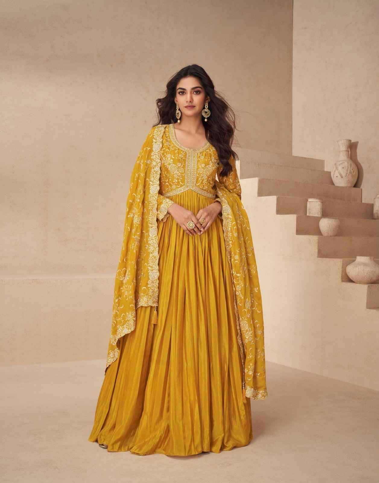 Golden Mustard Chinnon Silk Anarkali Set with Embroidered Dupatta