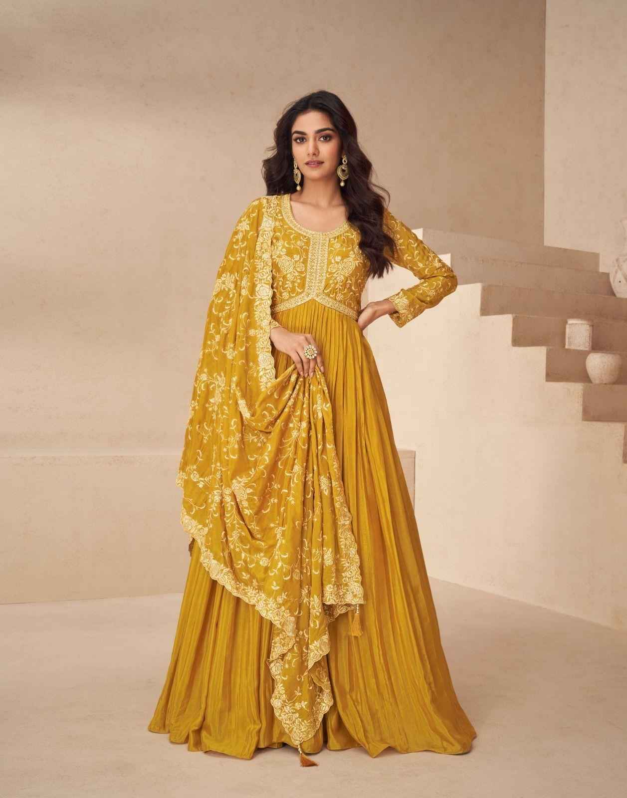 Golden Mustard Chinnon Silk Anarkali Set with Embroidered Dupatta