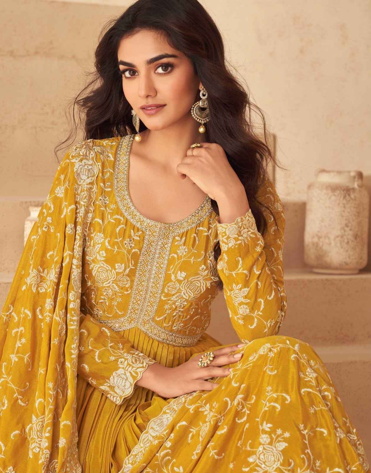 Golden Mustard Chinnon Silk Anarkali Set with Embroidered Dupatta