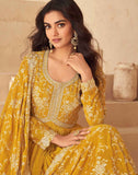Golden Mustard Chinnon Silk Anarkali Set with Embroidered Dupatta