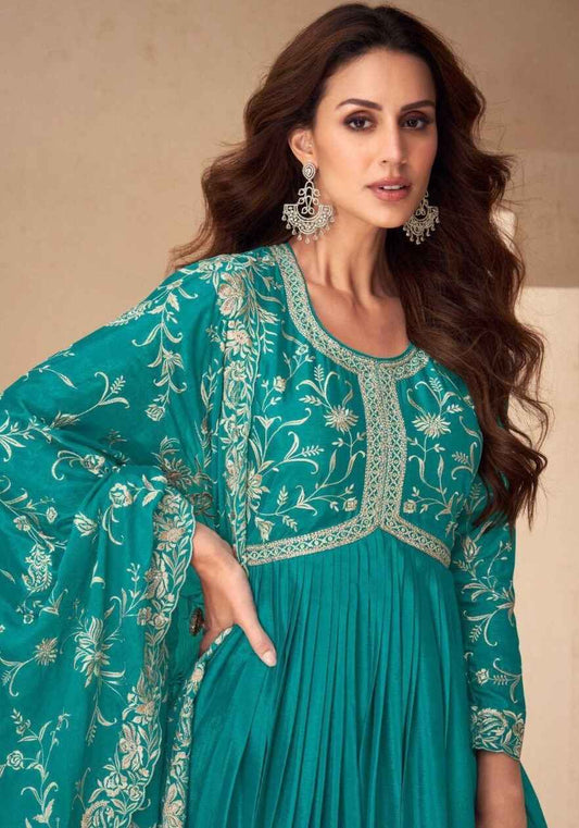 Peacock Teal Chinnon Silk Anarkali Set with Dupatta