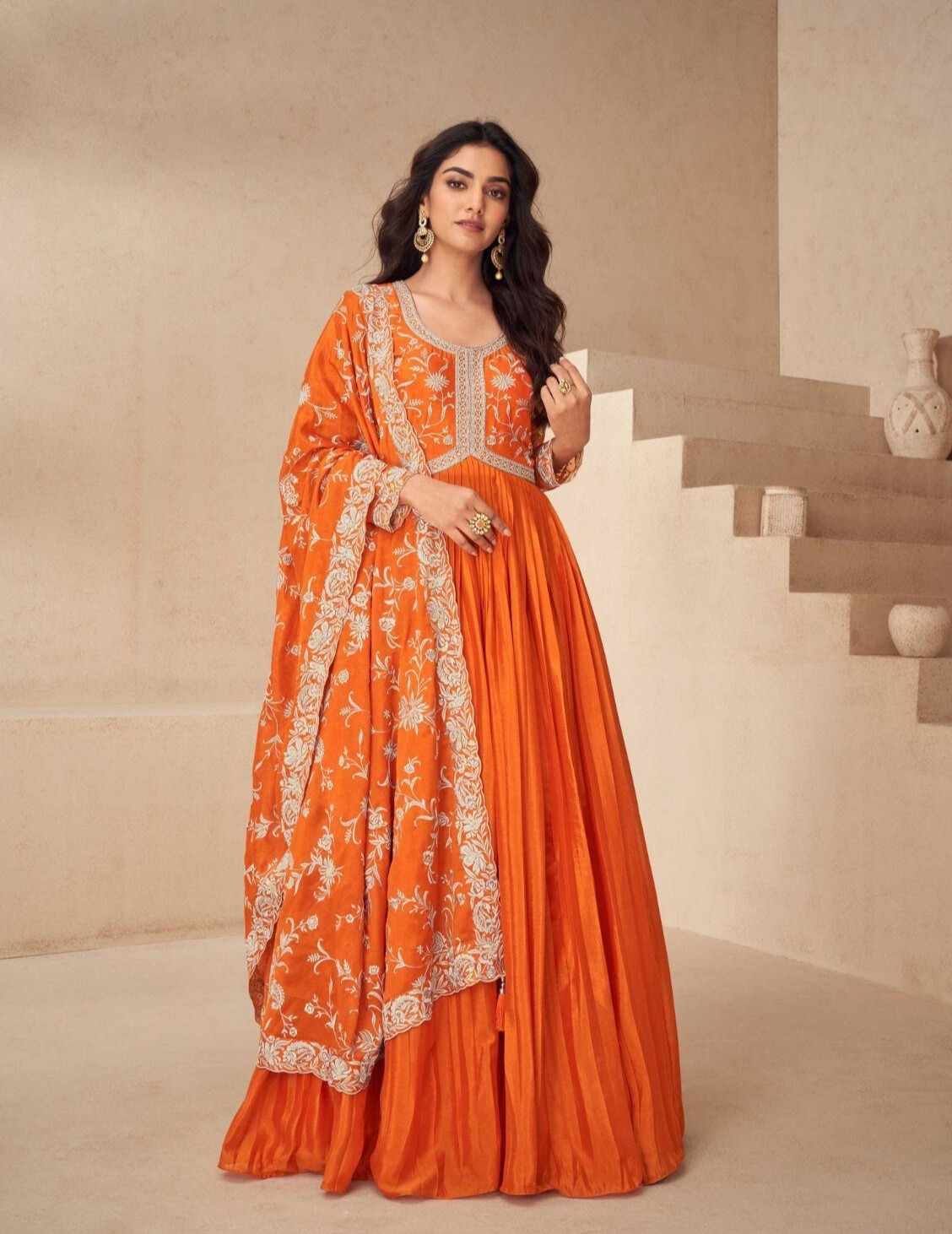Radiant Orange Chinnon Silk Embroidered Anarkali Set