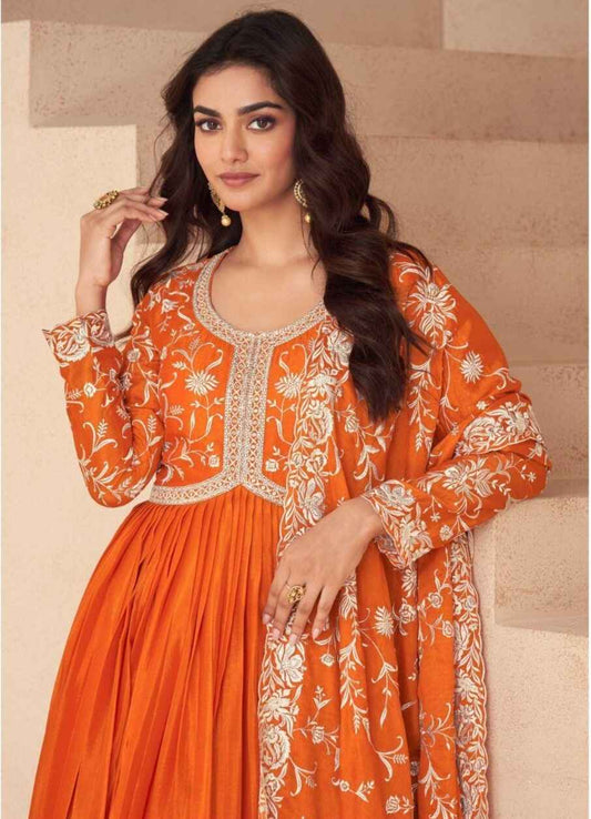Radiant Orange Chinnon Silk Embroidered Anarkali Set
