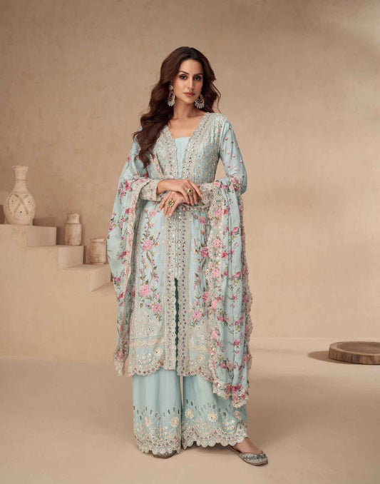 Elegant Sky Blue Chinnon Silk Embroidered Palazzo Suit