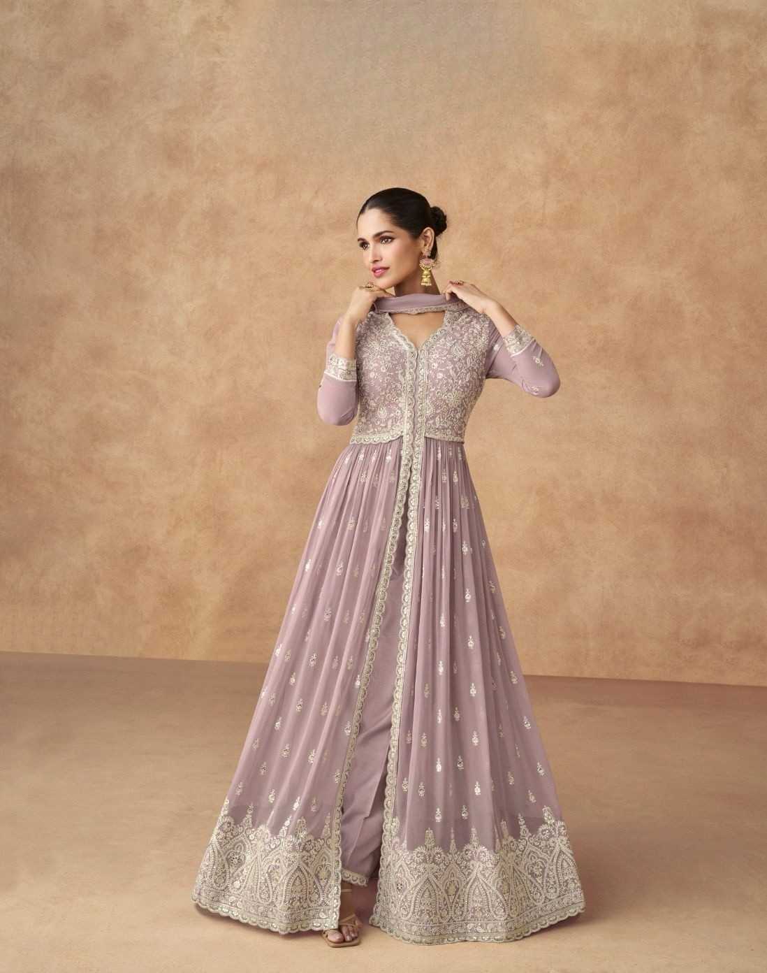 Lavender Embroidered Real Georgette Anarkali Set with Chinnon Dupatta

