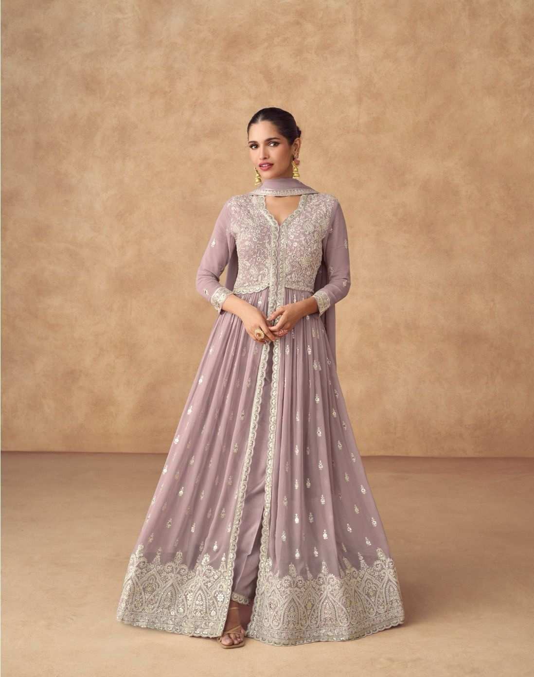 Lavender Embroidered Real Georgette Anarkali Set with Chinnon Dupatta

