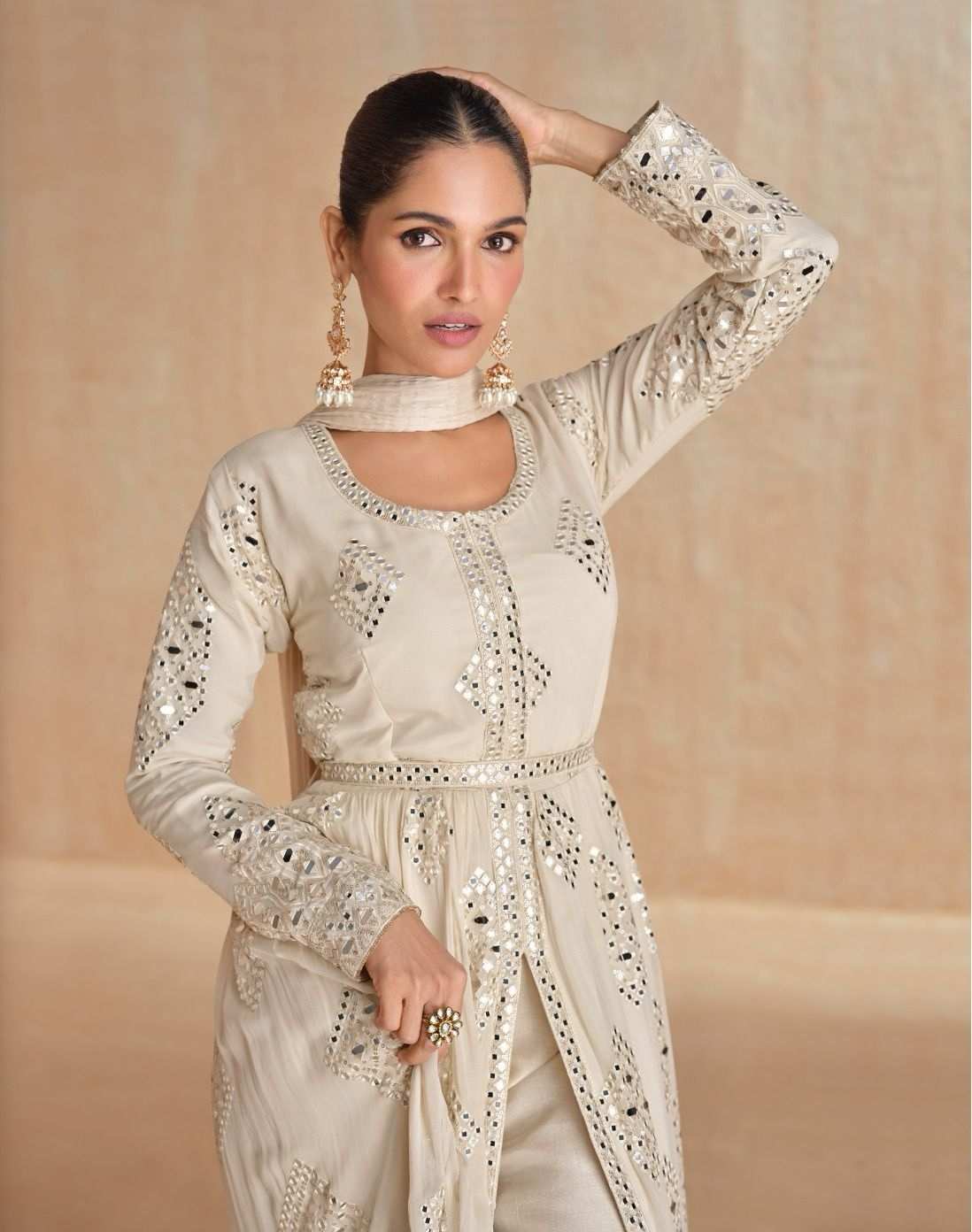 Champagne Beige Embroidered Georgette Party Gown Set