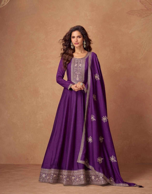 Royal Purple Premium Silk Anarkali Set with Embroidered Dupatta