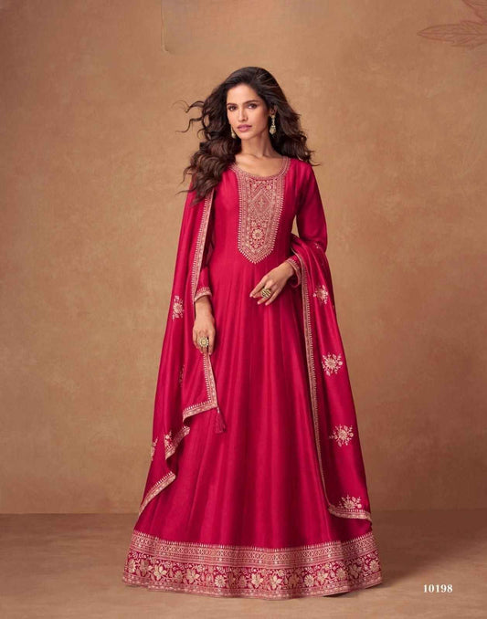Crimson Red Premium Silk Anarkali Suit with Embroidered Dupatta