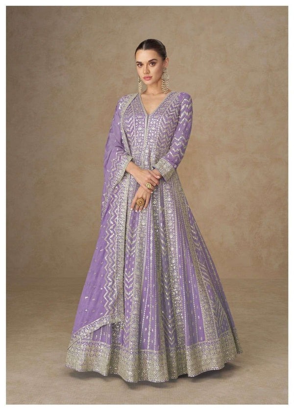 Lavender Silk Floor Length Anarkali Gown with Dupatta