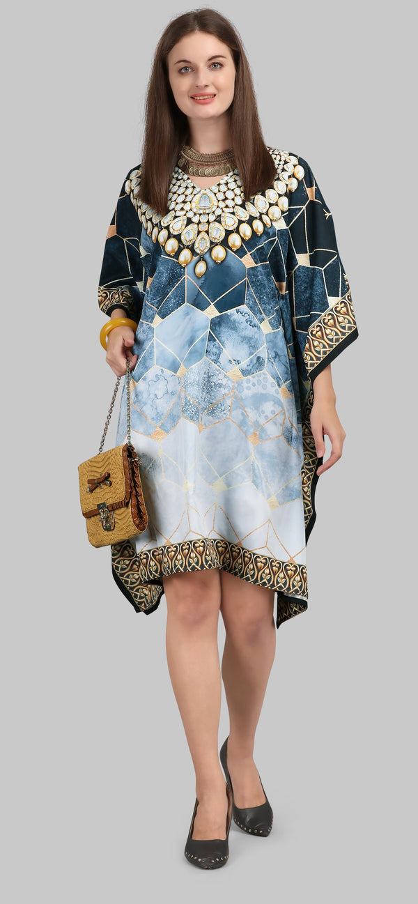 Blue & Gold Designer Kaftan Dress for Women