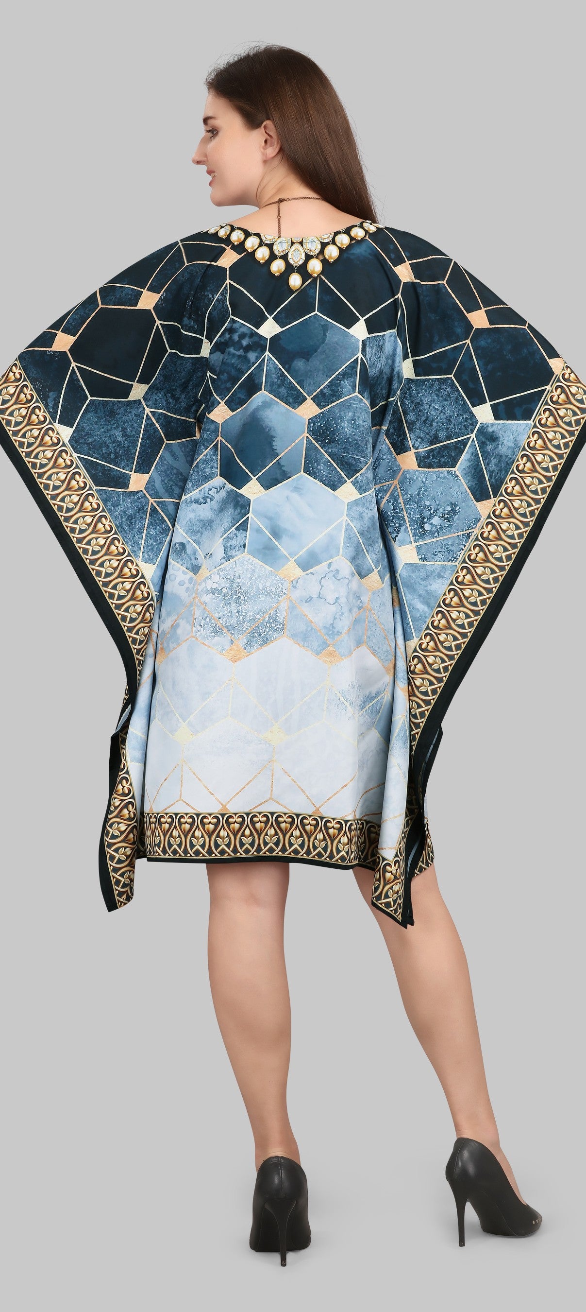 Blue & Gold Designer Kaftan Dress for Women