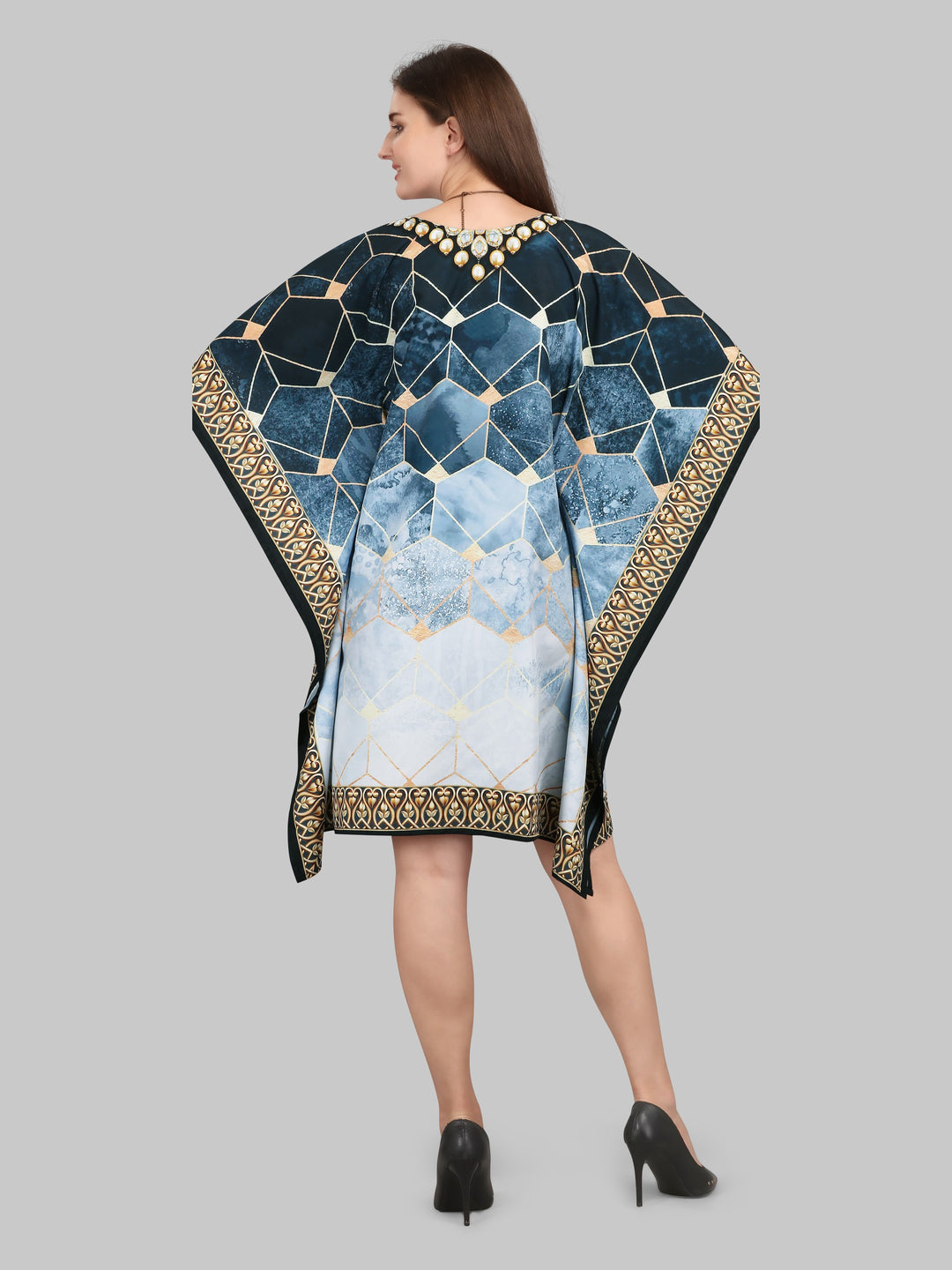 Blue & Gold Designer Kaftan Dress for Women
