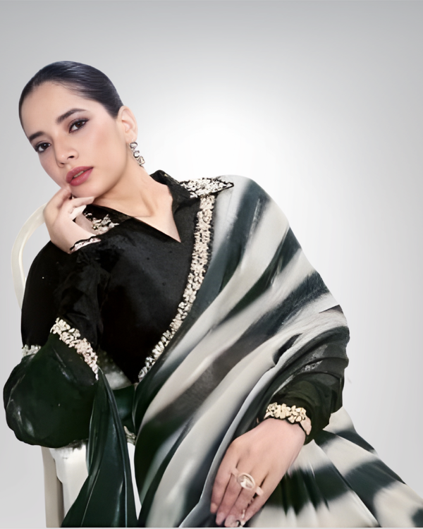Black & Grey Two Tone Satin Silk Saree with Stone Work