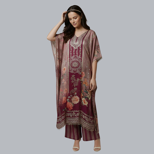 Wine Floral Designer Kaftan Suit Set for Women