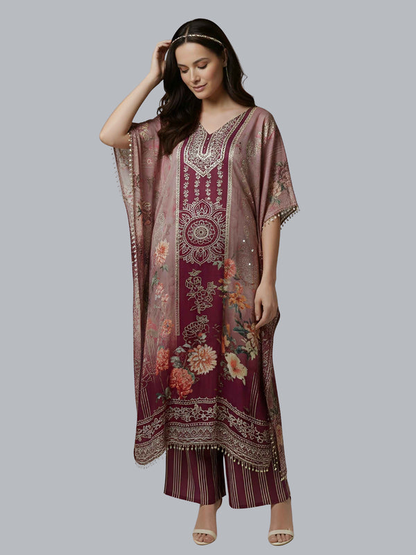 Wine Floral Designer Kaftan Suit Set for Women