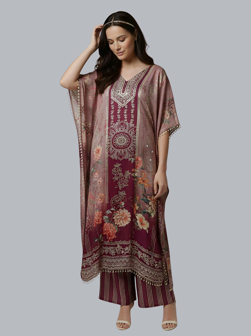 Wine Floral Designer Kaftan Suit Set for Women