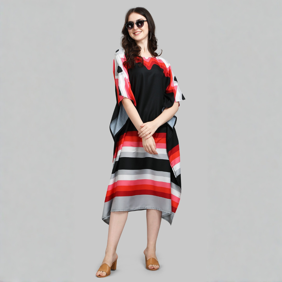 Black Red Striped Kaftan Kurti Dress for Women